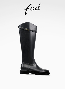 fed英伦风骑士靴冬季新款女靴粗跟长筒靴V口时装靴女S0930-DD0142