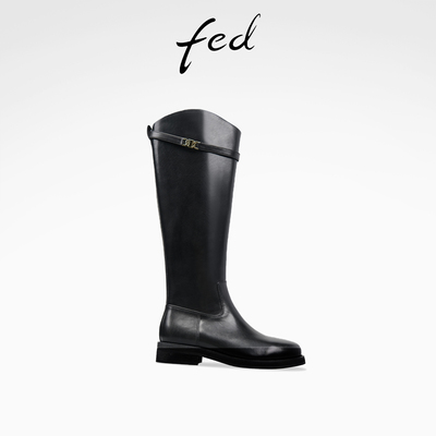 fed英伦风骑士靴冬季新款女靴粗跟长筒靴V口时装靴女S0930-DD0142