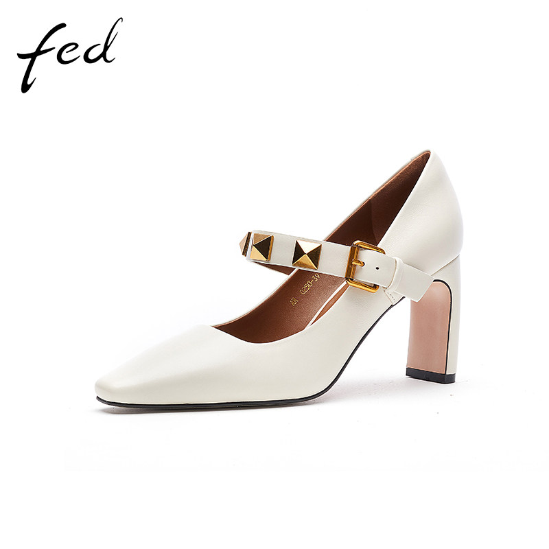 fed黑色高跟鞋女不累脚女鞋铆钉一字带扣式浅口高跟单鞋tmarq250