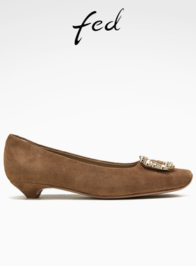 fed方头单鞋春季新款女鞋一脚蹬通勤鞋复古绒面单鞋女S0105-YA223