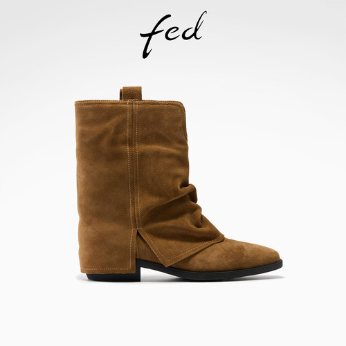 fed复古裤管靴冬季新款女靴粗跟西部靴绒面褶皱短靴女S1104-ZF365