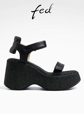 fed松糕粗跟凉鞋夏季新款女鞋黑色厚底增高坡跟凉鞋女R0624-YA022