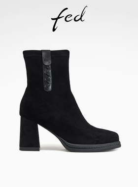 fed粗跟短靴女秋季新款女靴黑色瘦瘦靴绒面时装靴女款S0823-YA708