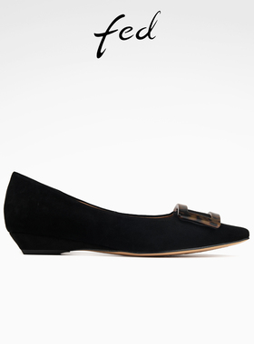fed气质单鞋春季新款女鞋黑色尖头通勤鞋浅口平底鞋女S1118-ZC391