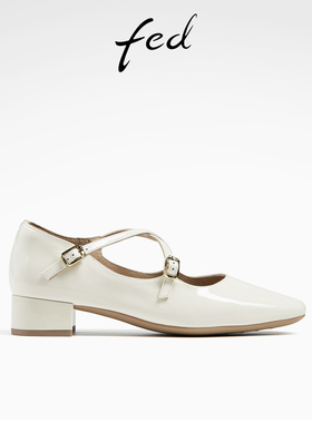 fed白色玛丽珍鞋春季新款女鞋法式单鞋中跟通勤鞋女D0401-CAC002