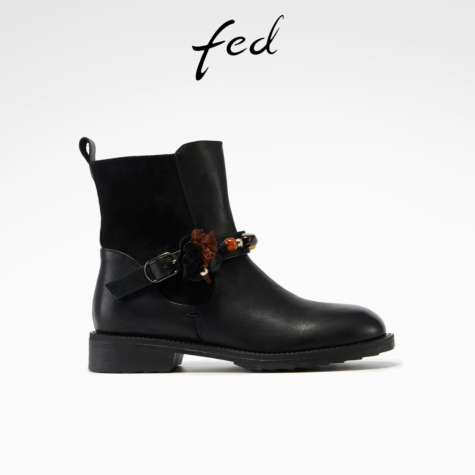 fed黑色烟筒靴冬季新款女靴串珠短靴粗跟西部靴女款S1022-ZF362
