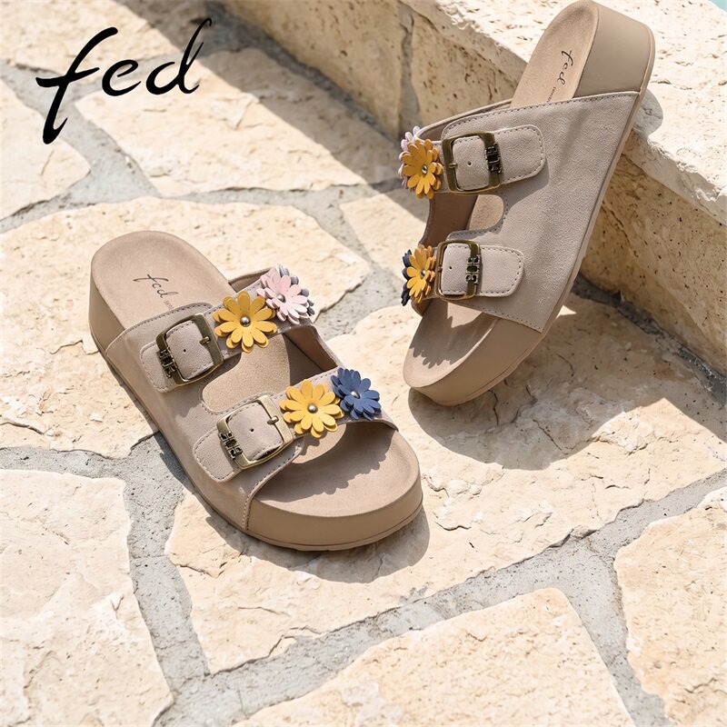 fed夏日彩色小雏菊勃肯拖鞋女