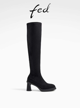 fed高跟时装靴秋季新款女靴黑色过膝靴气质瘦瘦靴女款D0907-YA102