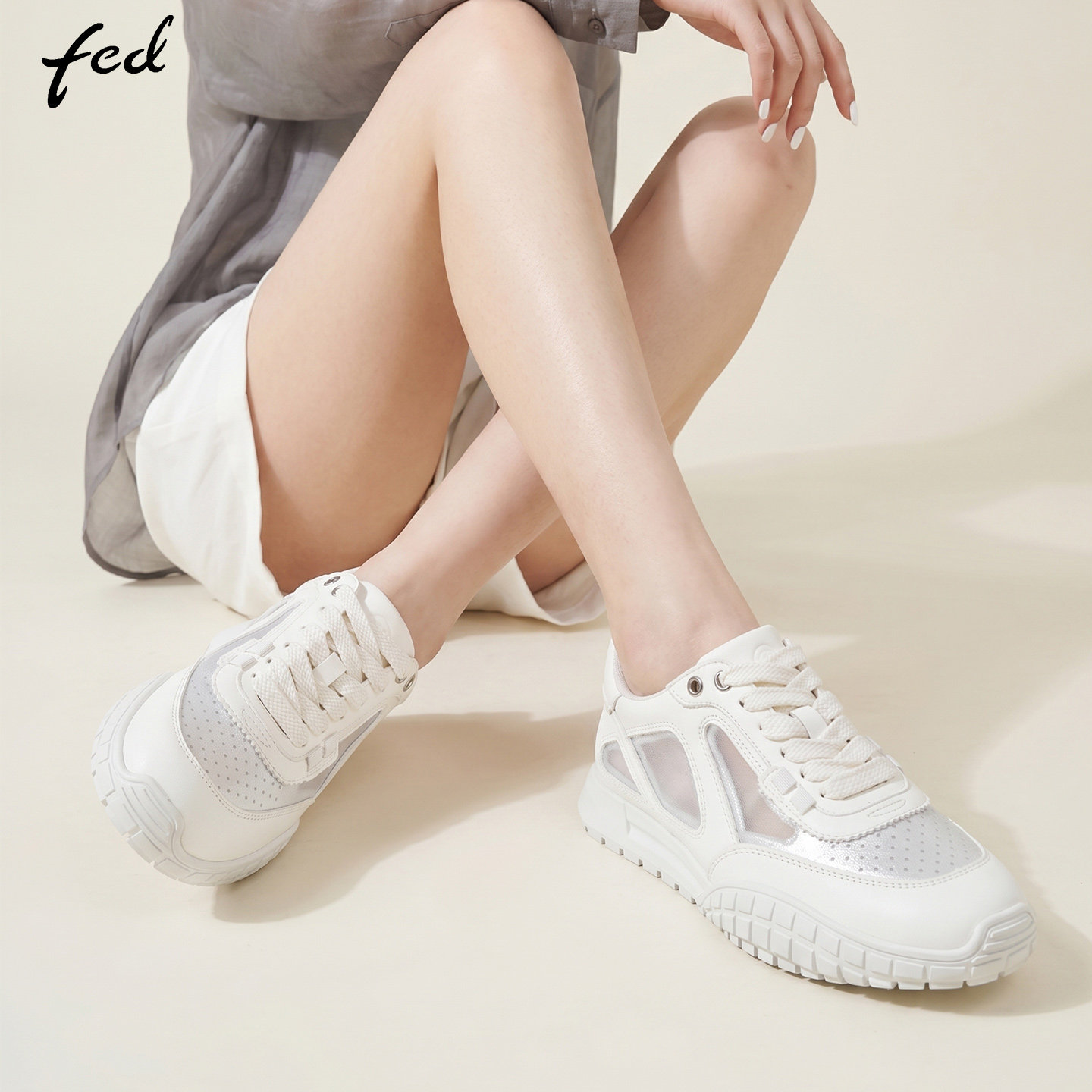 fed夏季透气小白鞋女平底德训