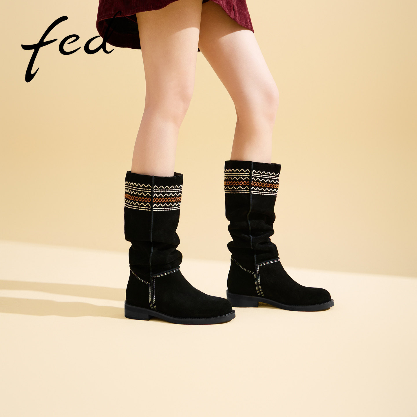 fed黑色堆堆西部女靴秋冬平底