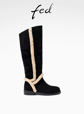 fed气质长靴女冬季新款女靴低跟堆堆靴毛毛时装靴女款S1025-YA085