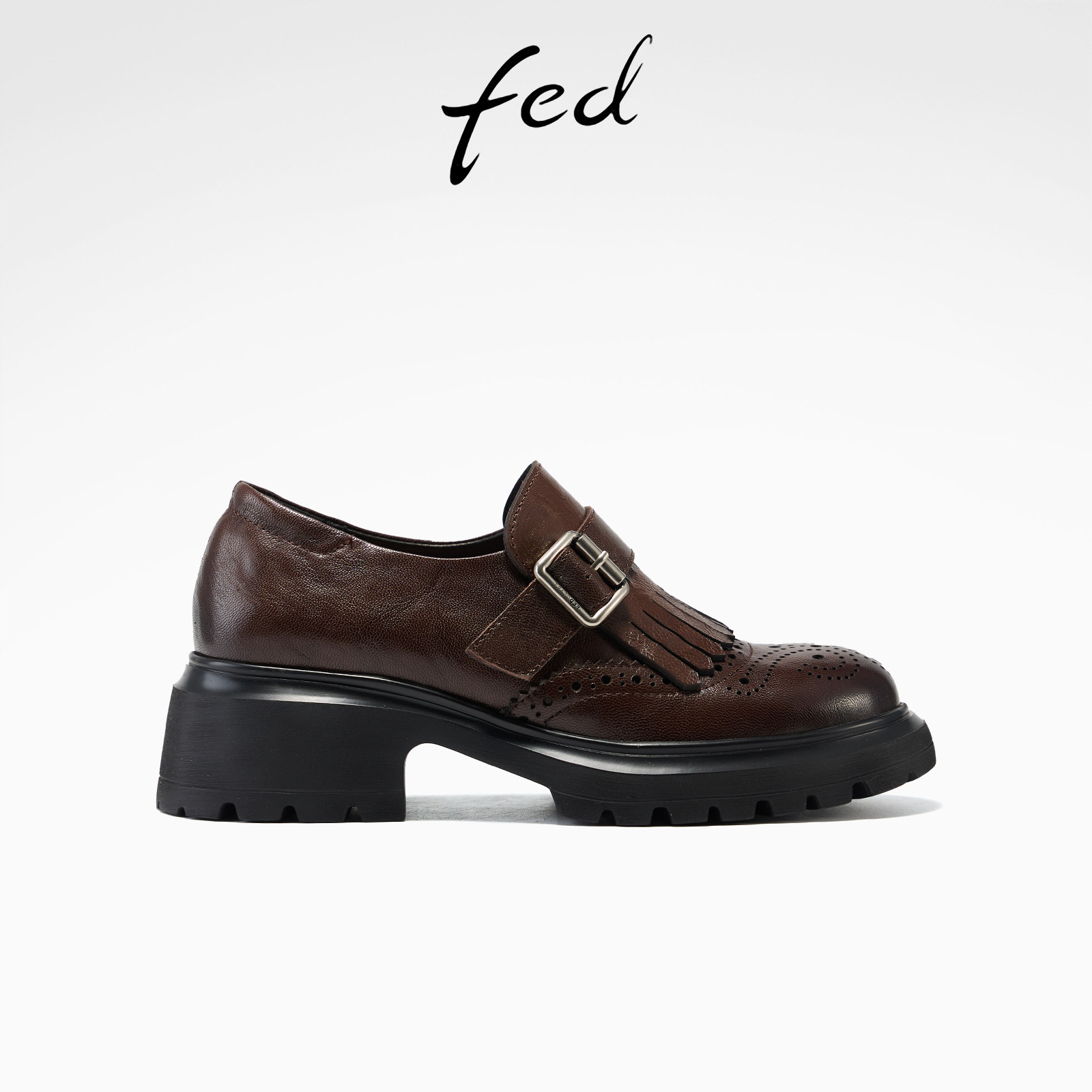 fed复古单鞋春季新款女鞋檀翎徊韵乐福鞋流苏布洛克鞋女款ZCA0