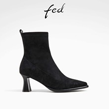 fed时装靴秋季新款女鞋黑色瘦瘦靴高跟弹力靴短靴女款D0827-YA052