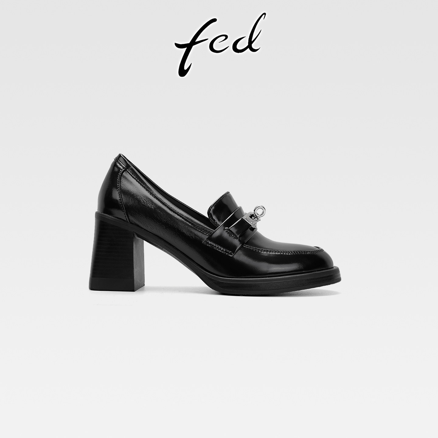 fed真皮粗跟厚底乐福鞋女复古锁扣小皮鞋一脚蹬圆头高跟深口单鞋