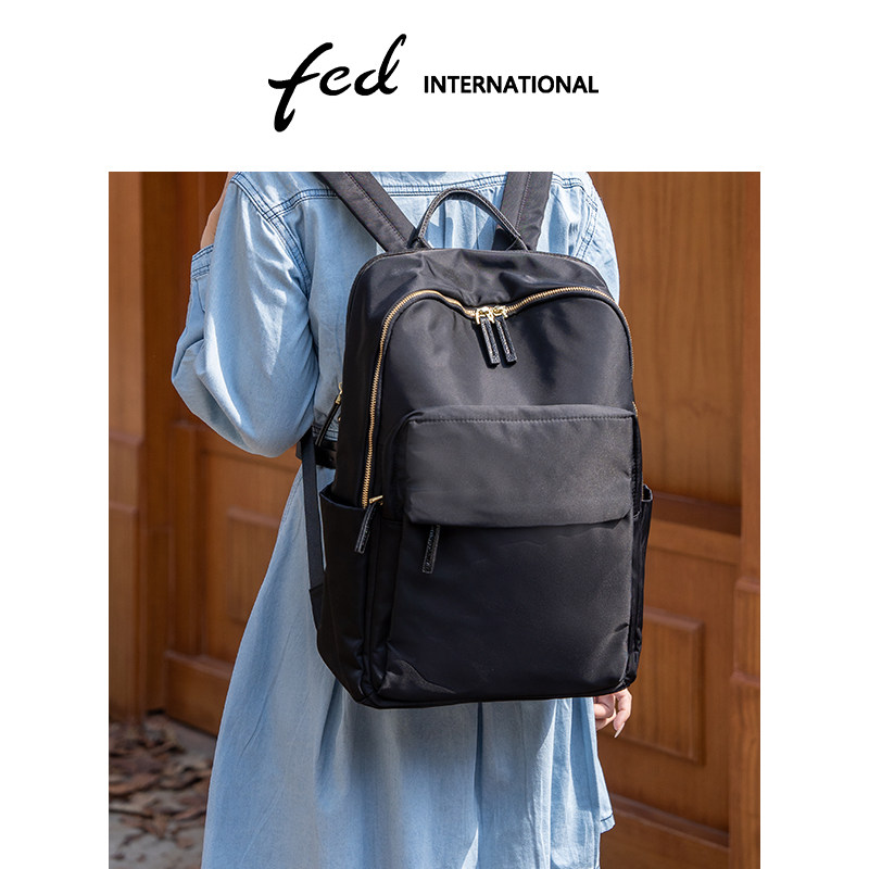 fed极简风大容量双肩包女商务通勤背包黑色电脑包学生书包BFA9817