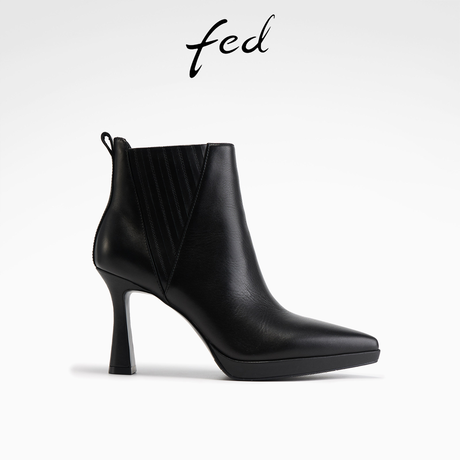 fed女士牛皮短靴细跟尖头靴子