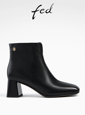 fed黑色瘦瘦靴秋季新款女靴方头短靴真皮时装靴女款D0830-ZC100