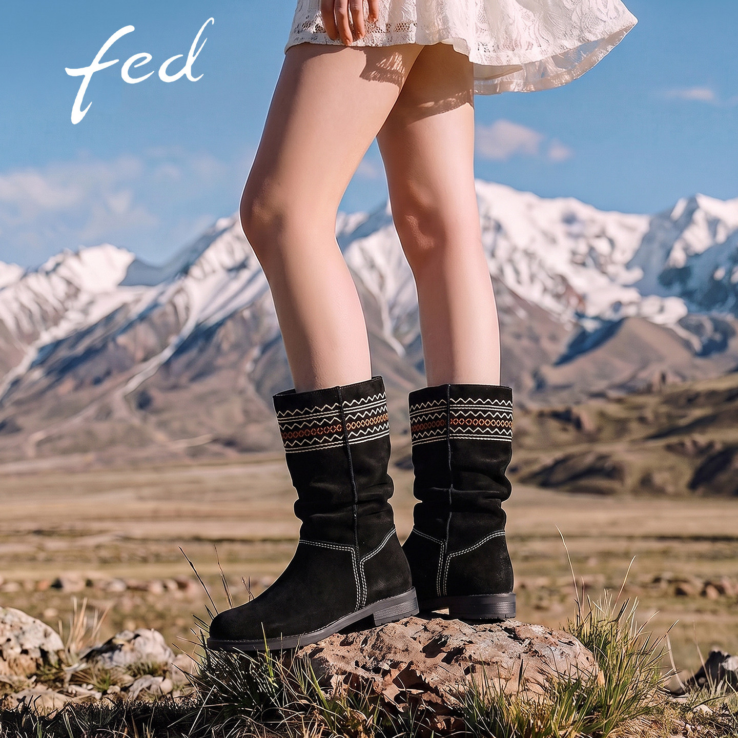 fed民族风绒面靴子长筒靴女款