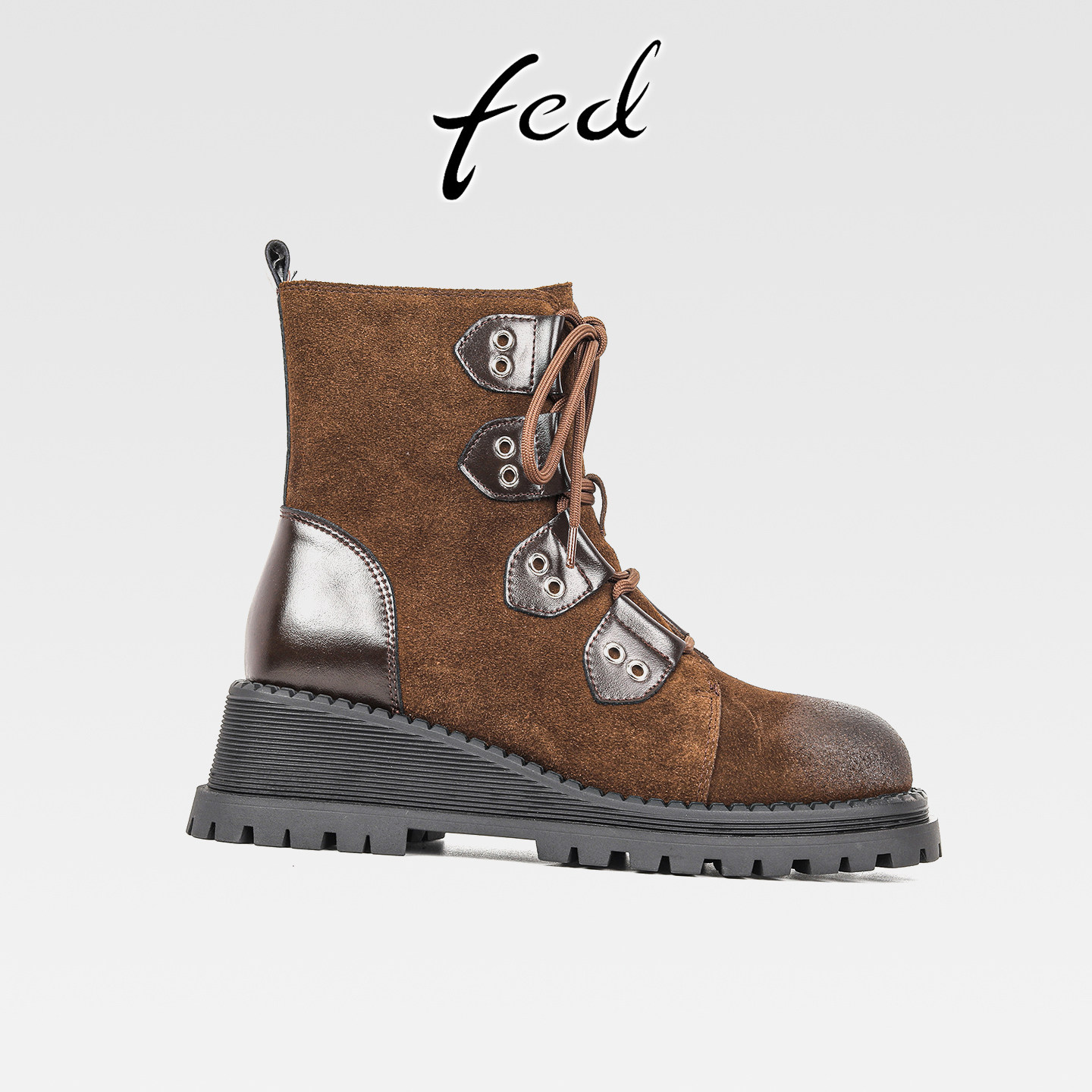 fed复古擦色牛反绒坡跟厚底马丁靴女秋冬新款侧拉链圆头高跟短靴