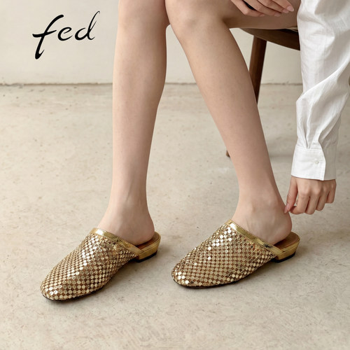 fed金色渔网镂空包头厚底穆勒鞋