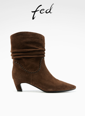 fed复古时装靴冬季新款女靴高跟短靴绒面堆堆靴女款S0930-ZCA358