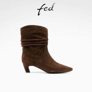 S0930 fed复古时装 女靴高跟短靴绒面堆堆靴女款 新款 ZCA358 靴冬季