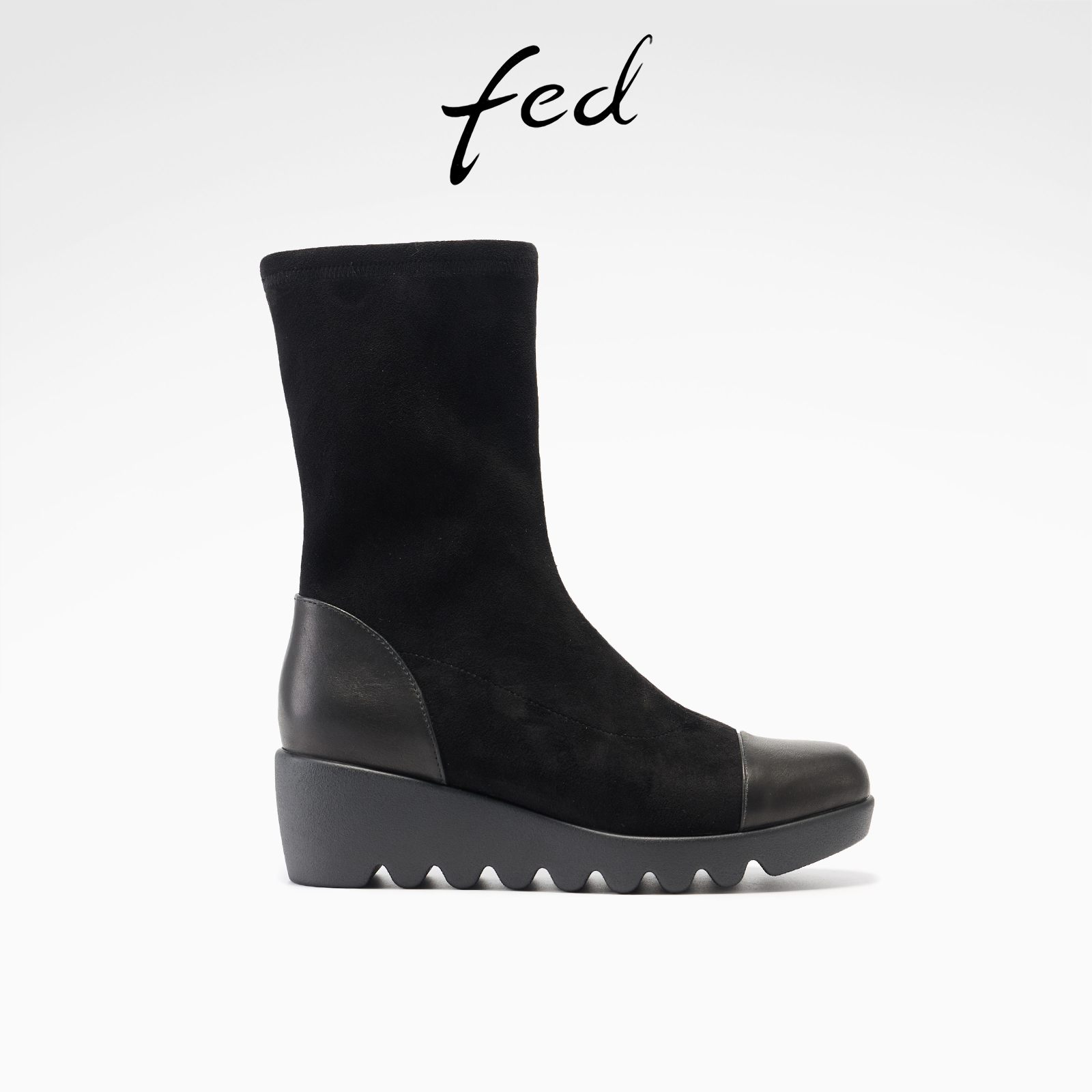fed松糕底弹力靴冬季新款女靴拼接瘦瘦靴黑色短靴女款S1104-YA009