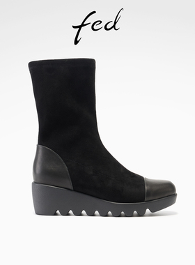 fed松糕底弹力靴冬季新款女靴拼接瘦瘦靴黑色短靴女款S1104-YA009