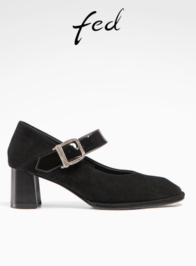 fed浅口单鞋秋季新款女鞋气质水钻粗跟高跟玛丽珍鞋女R0731-YA051