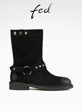 fed粗跟机车靴女冬季新款女靴加绒骑士短靴时装靴女款D1029-ZF257