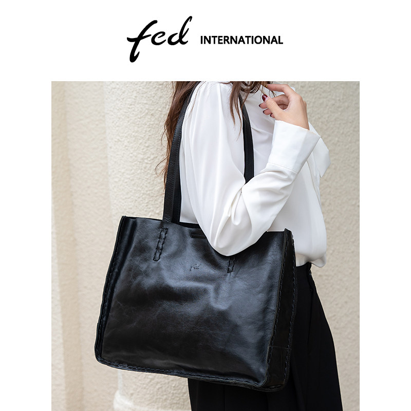 fed女包通勤单肩包方形皮质托特包腋下包黑色子母包大包BFA9463