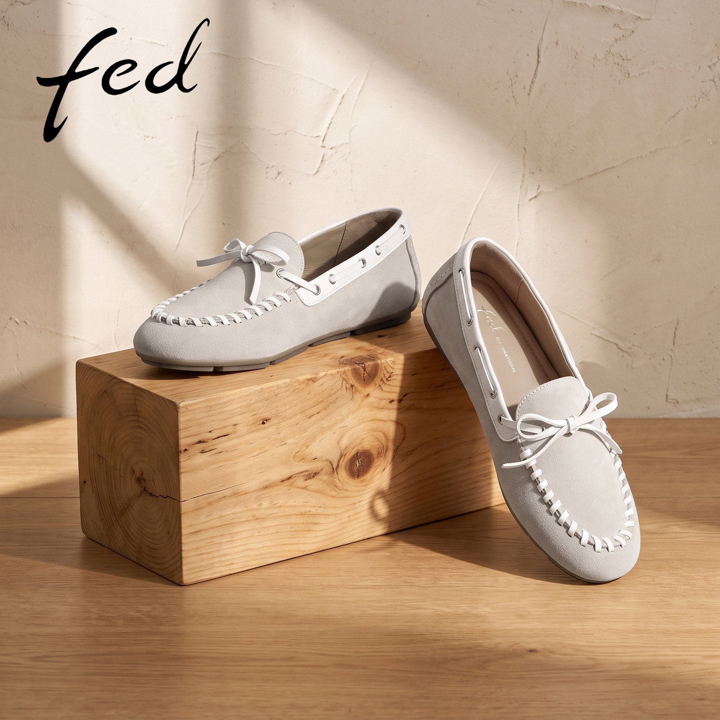 fed米色蝴蝶结乐福鞋女磨砂真皮
