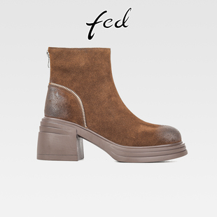 fed复古擦色牛反绒粗跟厚底马丁靴女秋冬新款 后拉链圆头高跟短靴