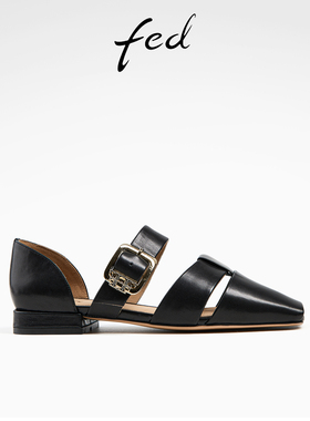 fed方头单鞋夏季新款女鞋复古包头凉鞋低跟玛丽珍鞋女D0420-YA675