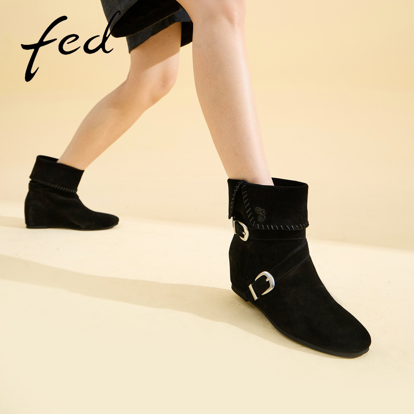 fed西部风短靴女时尚磨砂皮