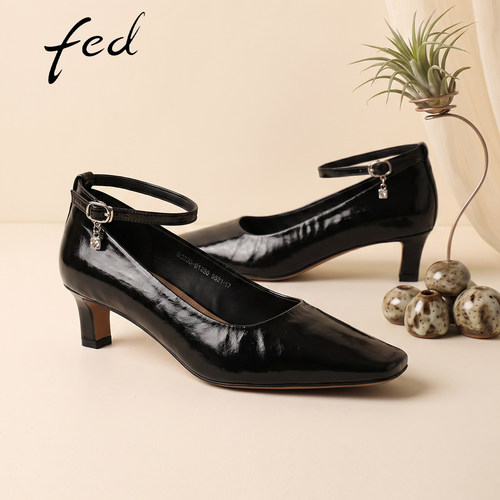 fed真皮方跟一脚蹬增高女单鞋