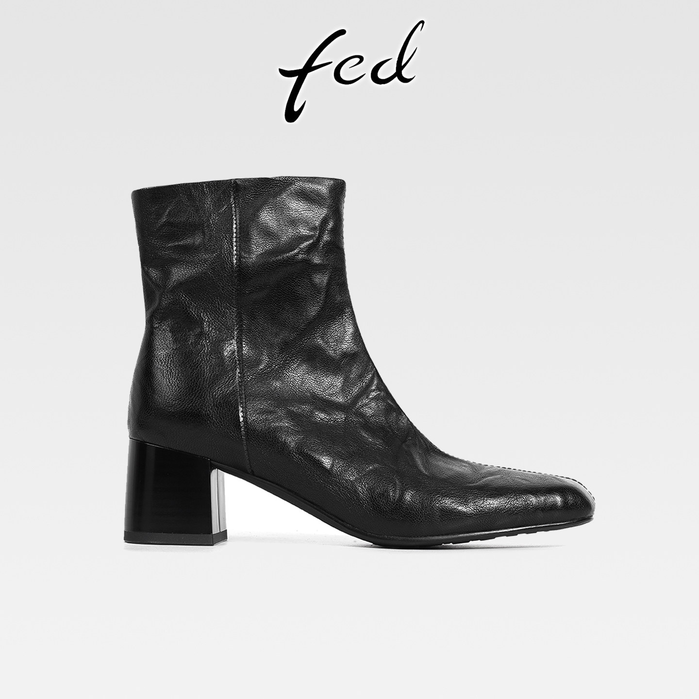 fed法式方头粗跟真皮粗跟女短靴