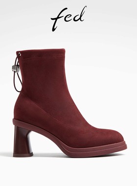 fed尖头时装靴秋季新款女靴粗跟短靴酒红色瘦瘦靴女D0903-YAB101