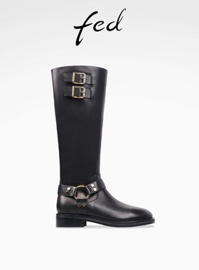 fed真皮西部靴冬季新款女靴皮带扣时装靴骑士长靴女S0930-DD0139