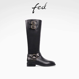 靴骑士长靴女S0930 女靴皮带扣时装 DD0139 新款 fed真皮西部靴冬季