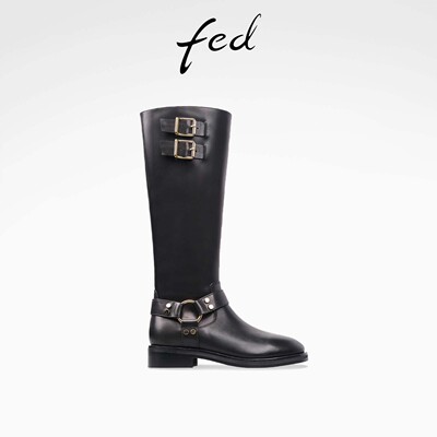 fed真皮西部靴冬季新款女靴皮带扣时装靴骑士长靴女S0930-DD0139
