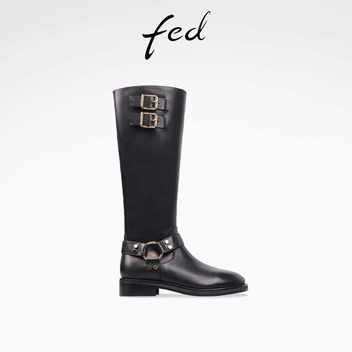 fed真皮西部靴冬季新款女靴皮带扣时装靴骑士长靴女S0930-DD0139