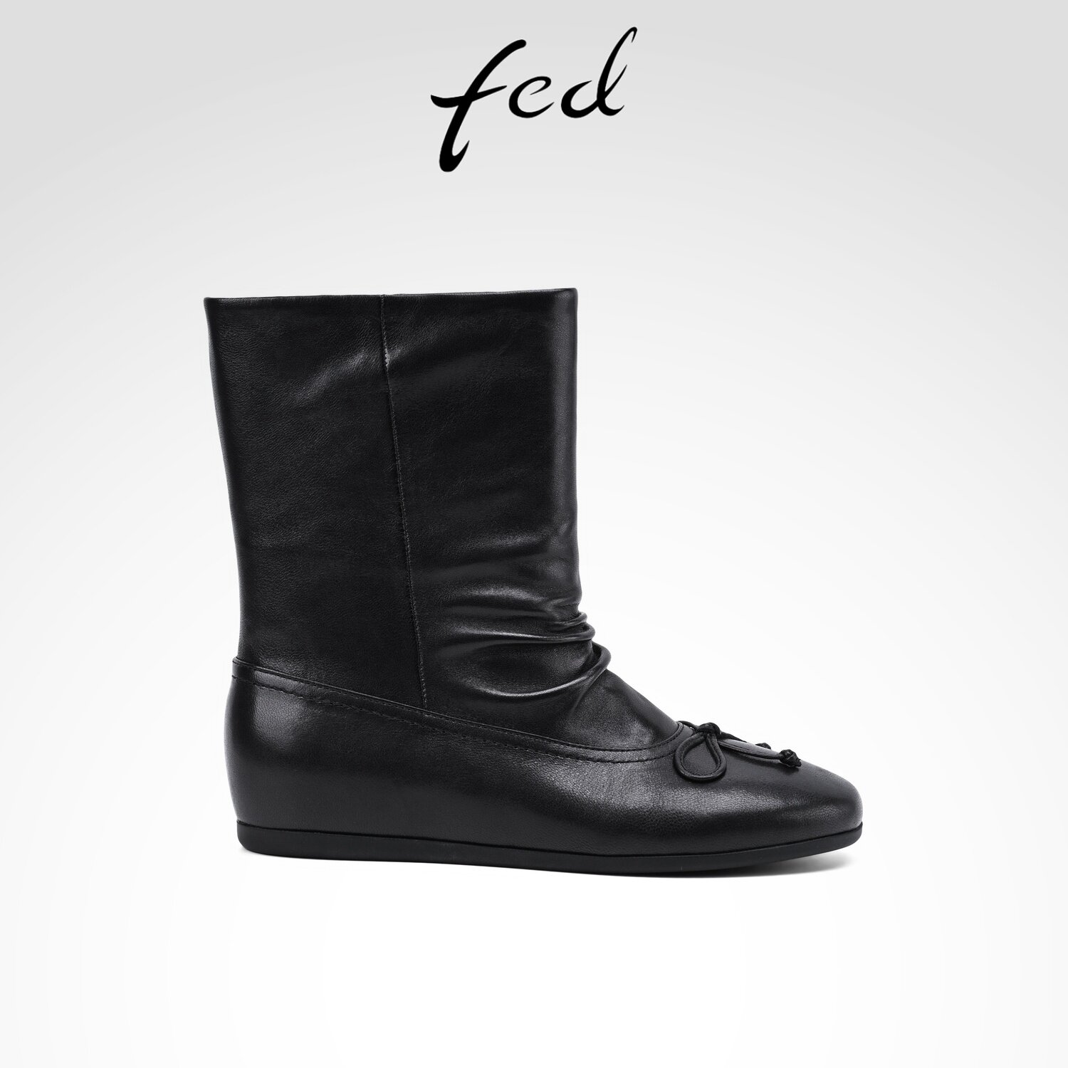 fed羊皮革褶皱中筒靴女靴时装靴