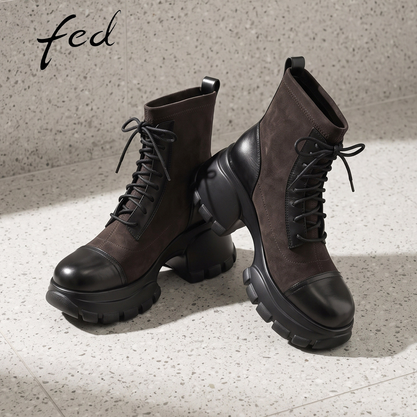 fed真皮系带粗跟增高马丁靴女款