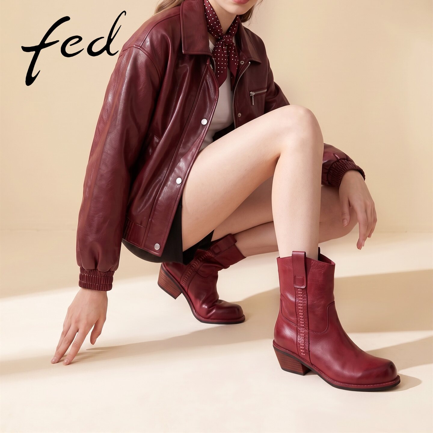 fed红色尖头西部短靴女
