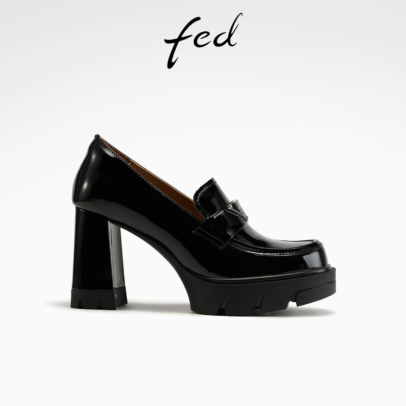 fed黑曜王座乐福鞋春季新款女鞋高跟黑色小皮鞋深口单鞋女款YA192