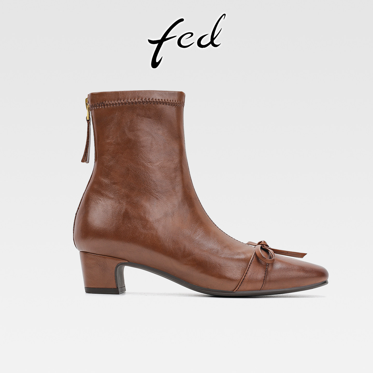 fed法式真皮粗跟弹力瘦瘦靴女秋冬款后拉链中跟方头蝴蝶结小短靴