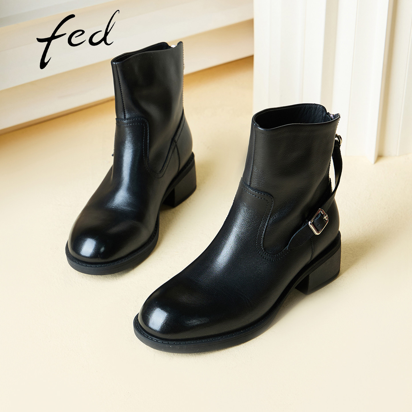fed英伦真皮增高西部短靴女