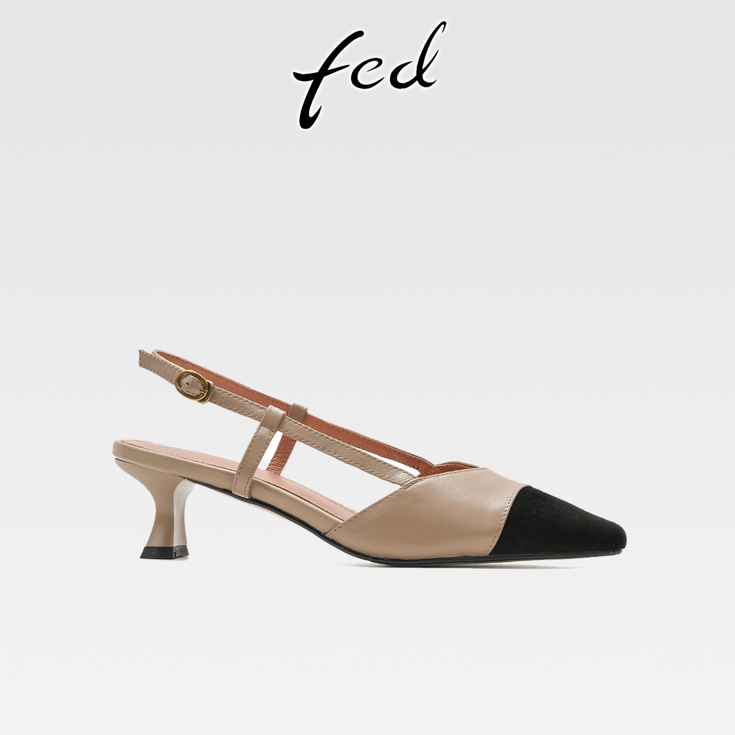 fed法式优雅真皮粗跟包头凉鞋女夏配裙子百搭气质尖头后空高跟鞋