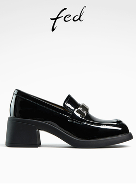 fed黑色小皮鞋春季新款女鞋一脚蹬粗跟单鞋乐福鞋女款D0224-YA360